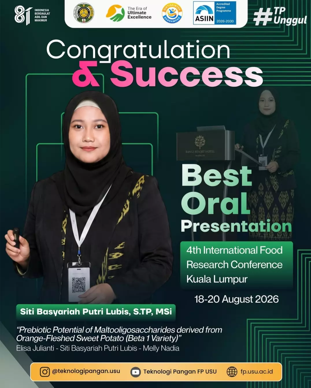 Food Technology Lecturer at FP USU Wins Best Oral Presentation in Malaysia